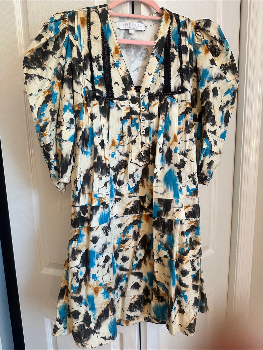 Hunter Bell Printed Puff-Sleeve Dress In Teal & Black